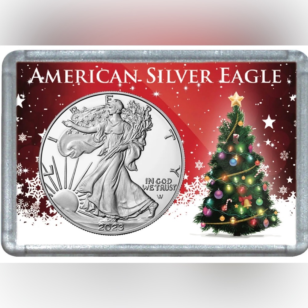 2023 silver American eagle dollar in Christmas holder!! .999 1 Oz silver!!